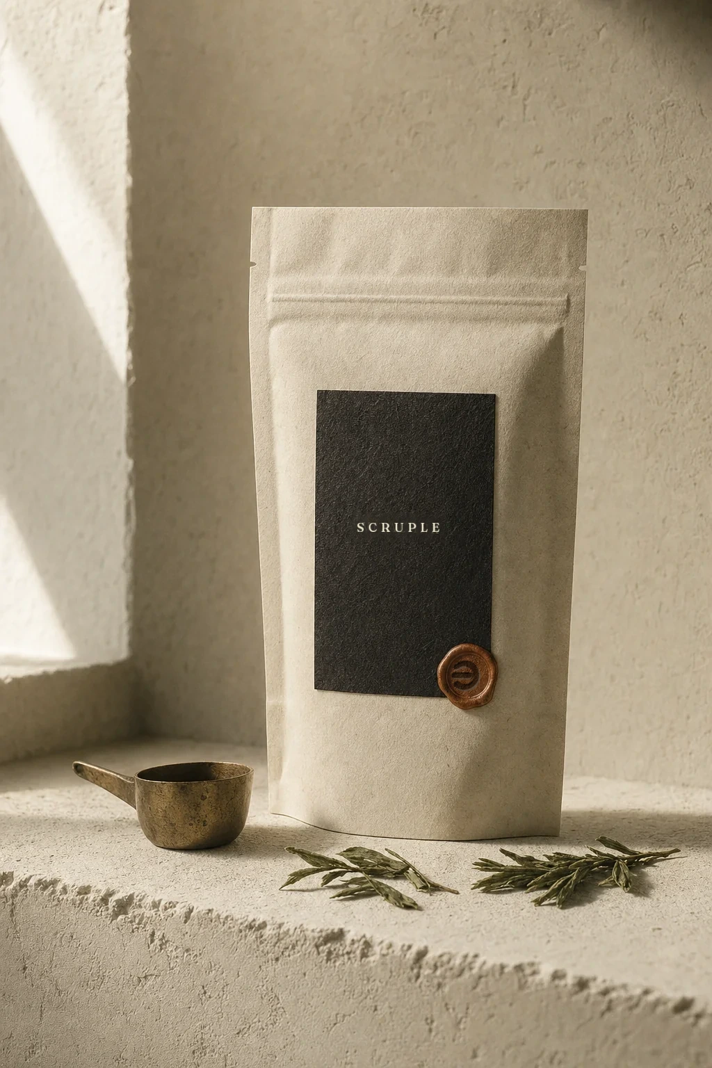 A kraft-paper SCRUPLE pouch with a black letterpress label and ochre wax seal, on a limewashed plaster shelf beside a brass scoop and dried tea leaves.