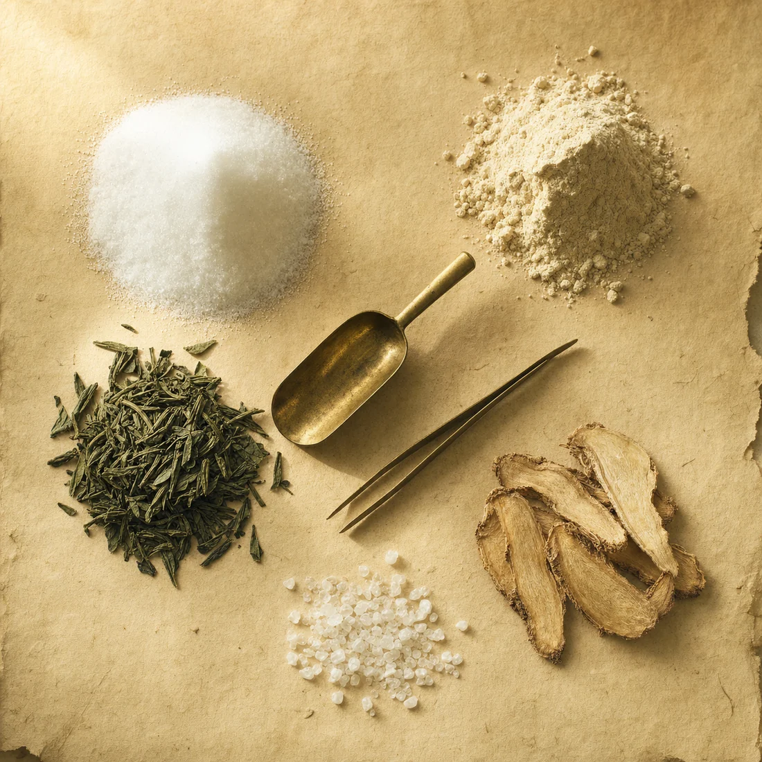 Overhead still life of separated piles of white crystalline powder, cream powder, dried green tea leaves, ginseng root slices and coarse crystals on aged parchment with a brass scoop and tweezers.