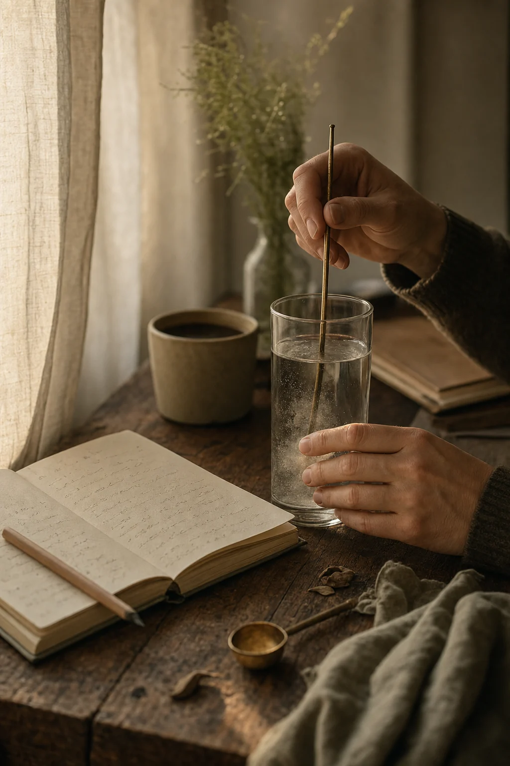 Hands stirring a tall glass of water with a long brass spoon at an oak desk beside an open notebook, pencil and cup of coffee in warm morning light.