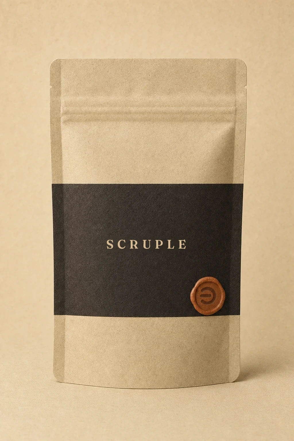 Front view of the SCRUPLE kraft pouch on a warm parchment background, black letterpress label with gold SCRUPLE lettering and an ochre wax seal.