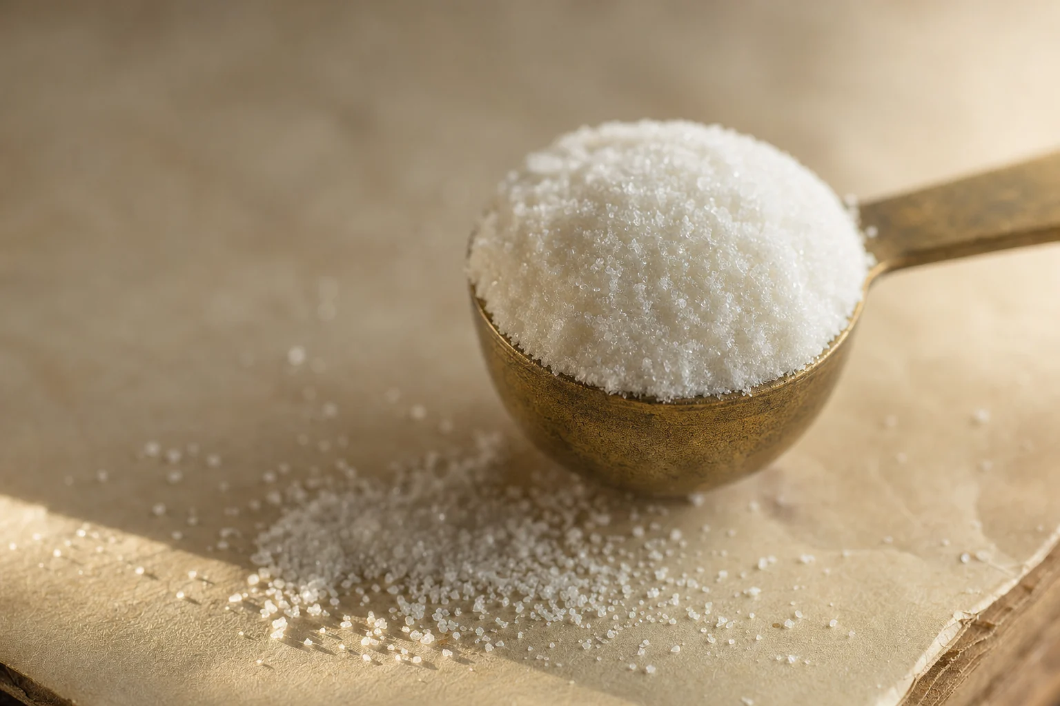 Macro photograph of a brass measuring scoop heaped with fine white crystalline powder on aged parchment.