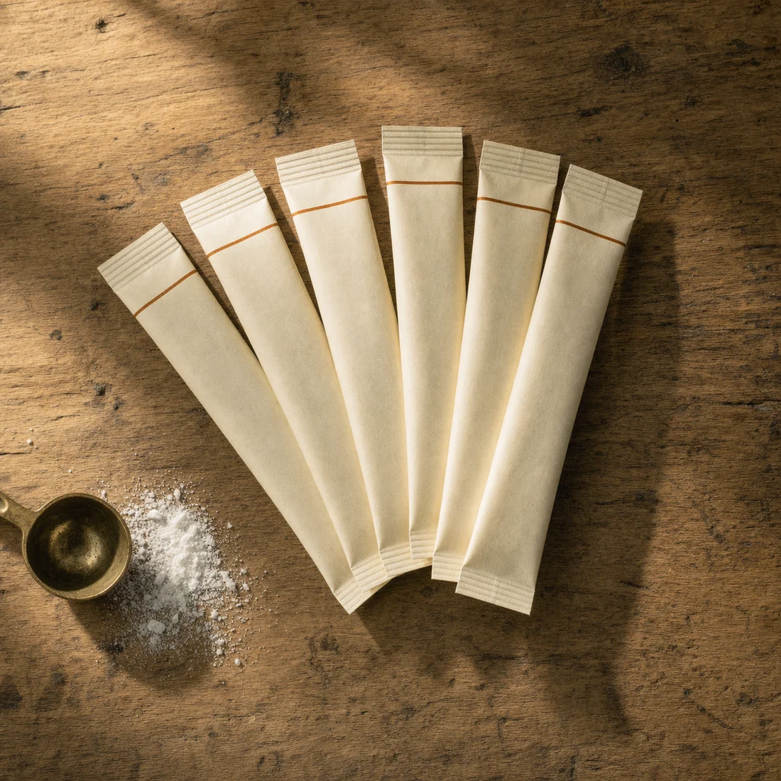 Six slim cream-coloured single-serve powder stick packs fanned in an arc on an aged oak table beside a brass scoop and spilled powder.