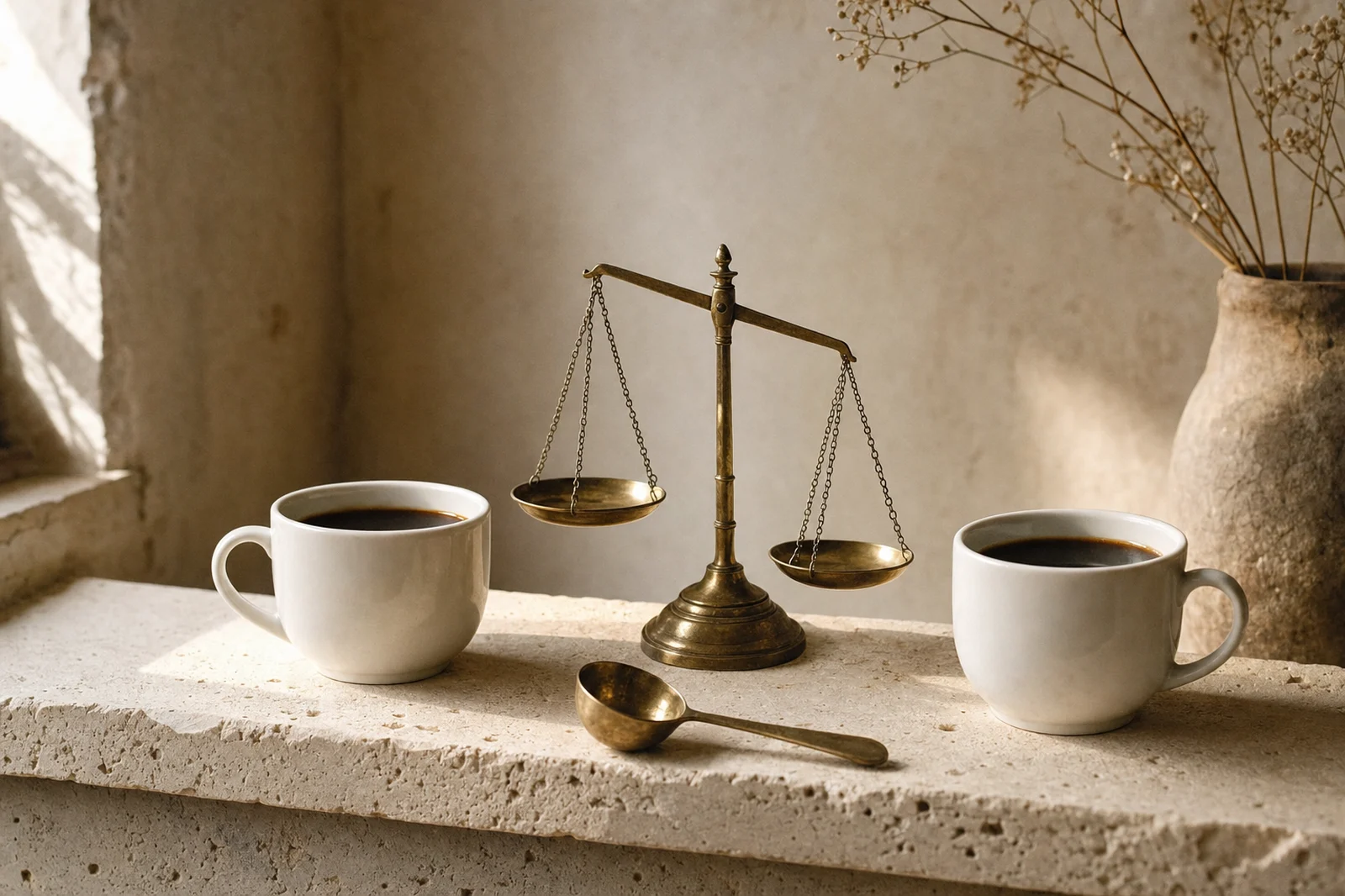 Two identical cups of black coffee on a limestone shelf, either side of a small brass balance scale hanging out of level.