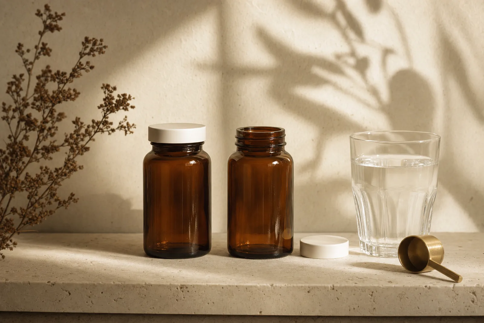 Two unlabelled amber glass bottles, a glass of water and a brass scoop on a limestone shelf in morning light.